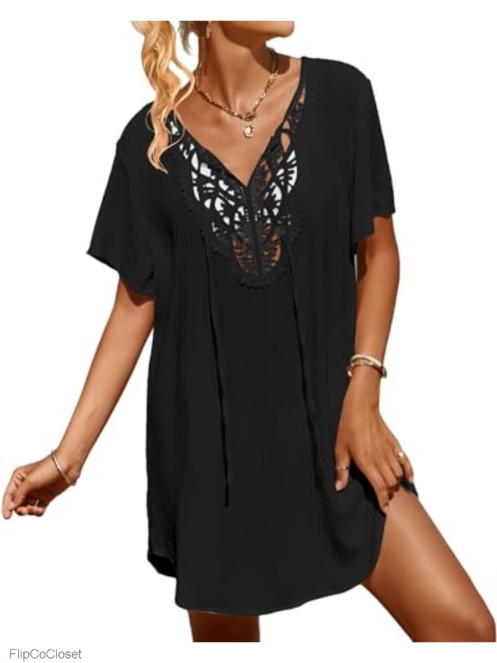 Women's V Neck Lace Crochet Swim Cover-Up Dress Short Sleeve Beach